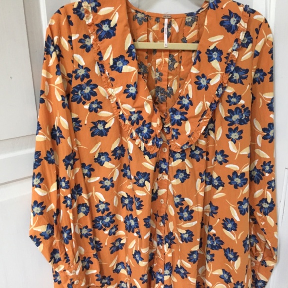 Free People Orange Floral Blouse ~Oversized - Picture 3 of 16